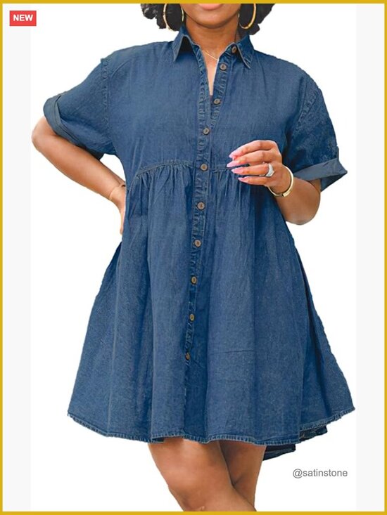 Dresses & Skirts - Button Down Ruffle Tiered Babydoll Jean Dress Swing Short Sleeve Cotton